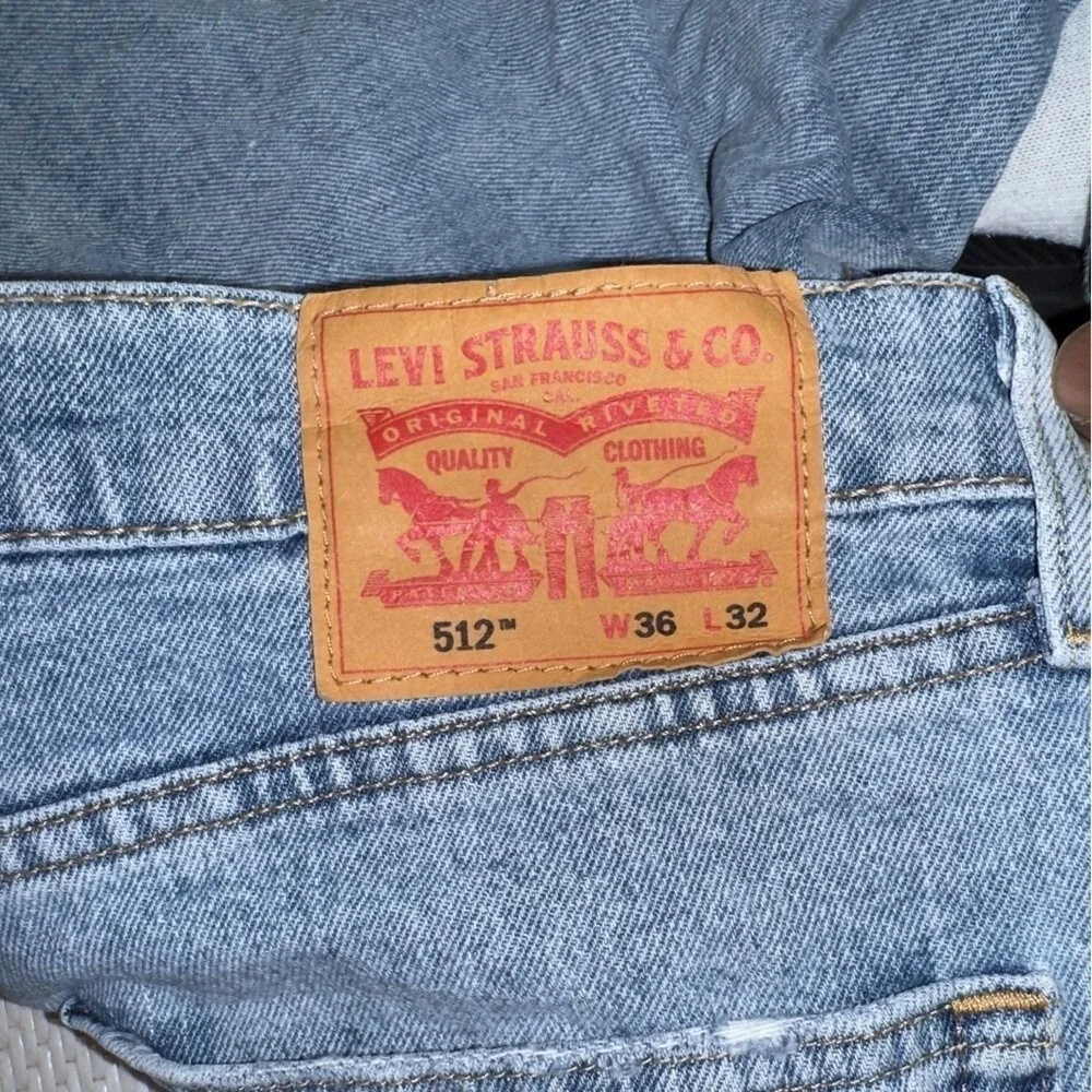 Levis 512‎ Slim Taper Jeans Mens 36x32 Light Wash Distressed Ripped Blue Denim
